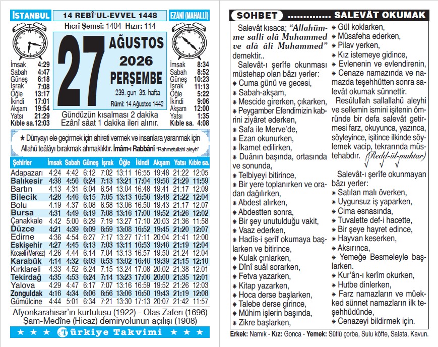 14 Rebiülevvel 1448 - 27 Ağustos 2026 Tarihli Türkiye Takvimi
