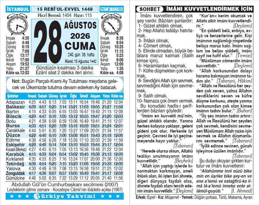 15 Rebiülevvel 1448 - 28 Ağustos 2026 Tarihli Türkiye Takvimi