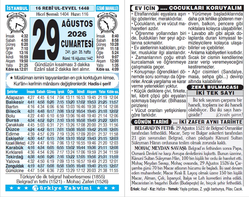 16 Rebiülevvel 1448 - 29 Ağustos 2026 Tarihli Türkiye Takvimi