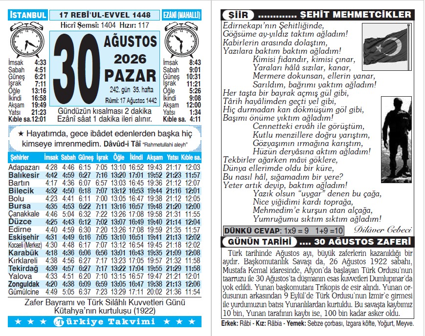 17 Rebiülevvel 1448 - 30 Ağustos 2026 Tarihli Türkiye Takvimi