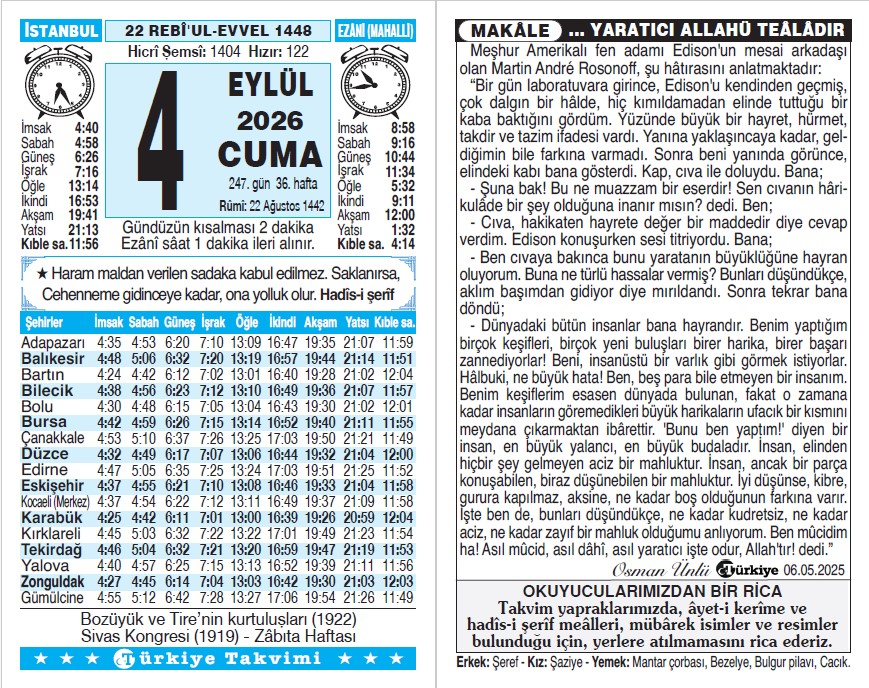 22 Rebiülevvel 1448 - 4 Eylül 2026 Tarihli Türkiye Takvimi