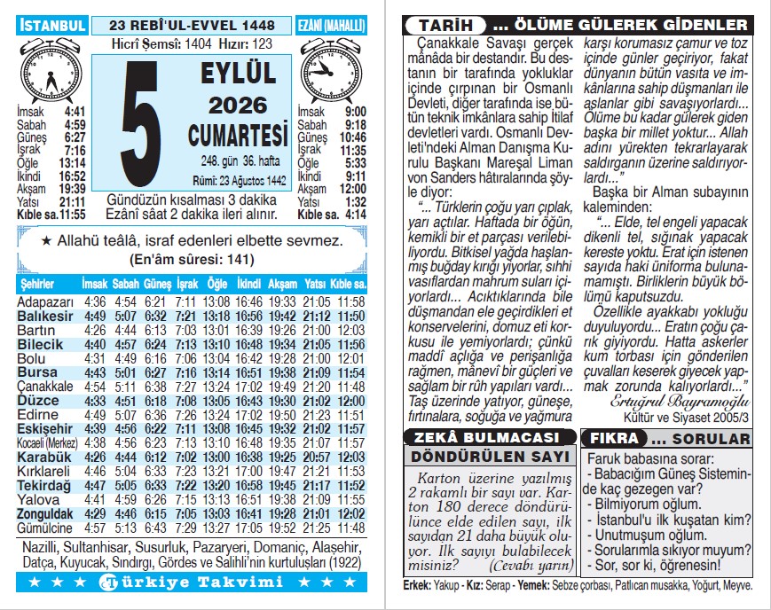 23 Rebiülevvel 1448 - 5 Eylül 2026 Tarihli Türkiye Takvimi