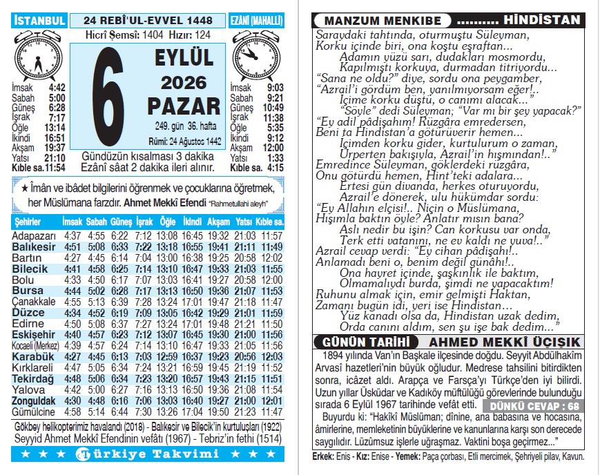 24 Rebiülevvel 1448 - 6 Eylül 2026 Tarihli Türkiye Takvimi