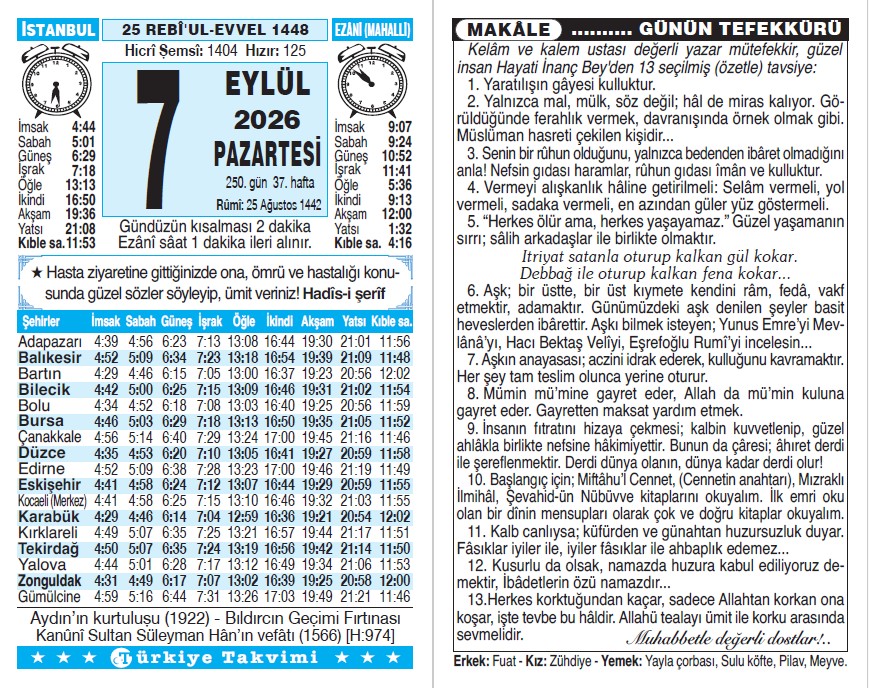 25 Rebiülevvel 1448 - 7 Eylül 2026 Tarihli Türkiye Takvimi