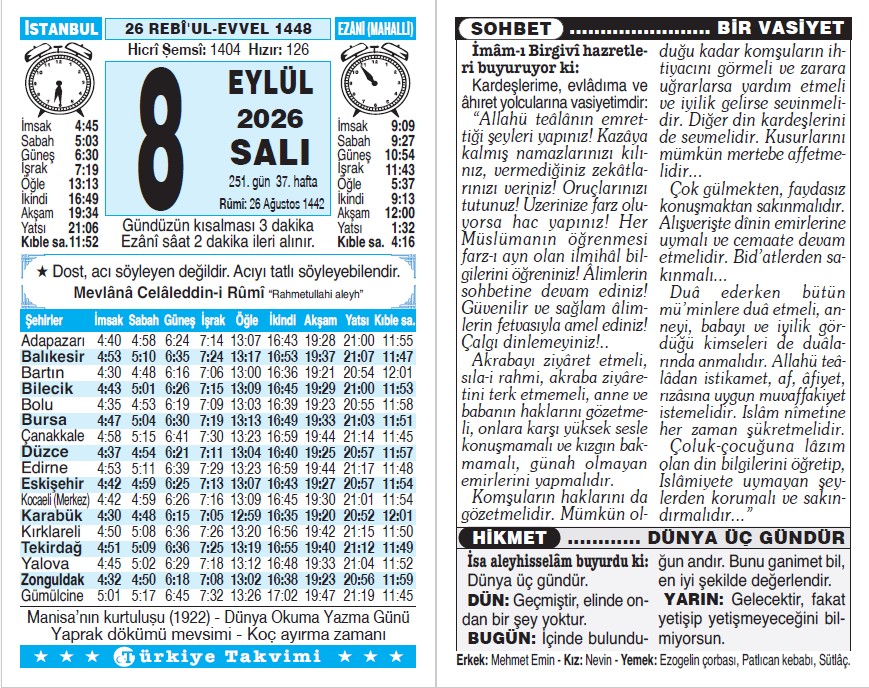26 Rebiülevvel 1448 - 8 Eylül 2026 Tarihli Türkiye Takvimi