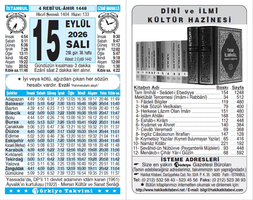 4 Rebiülahir 1448 - 15 Eylül 2026 Tarihli Türkiye Takvimi