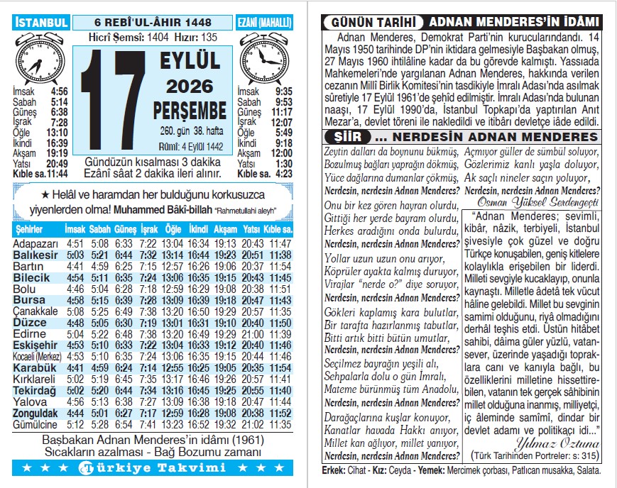 6 Rebiülahir 1448 - 17 Eylül 2026 Tarihli Türkiye Takvimi