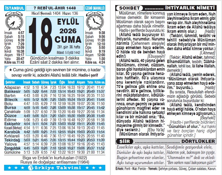 7 Rebiülahir 1448 - 18 Eylül 2026 Tarihli Türkiye Takvimi