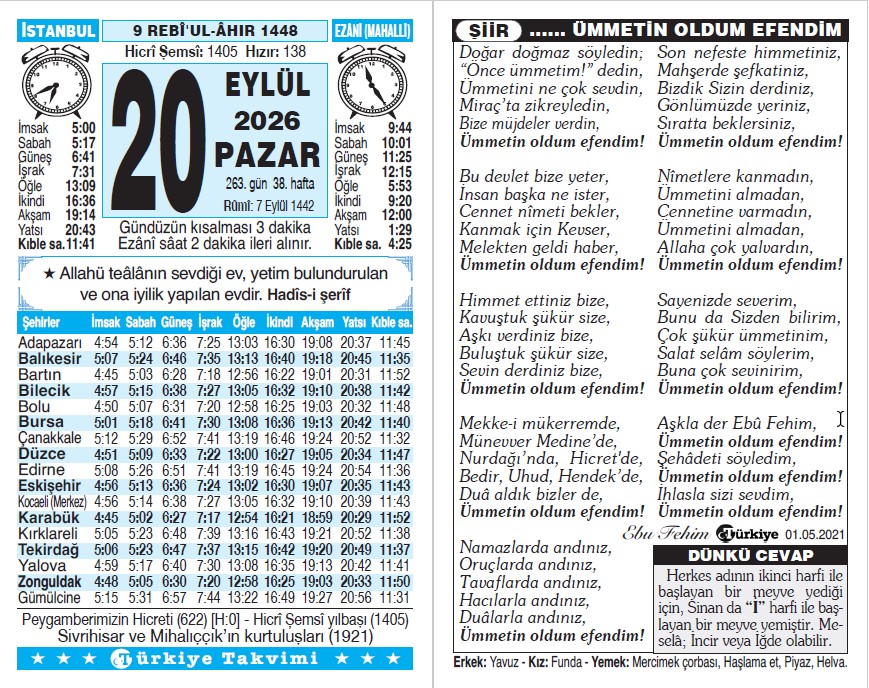 9 Rebiülahir 1448 - 20 Eylül 2026 Tarihli Türkiye Takvimi