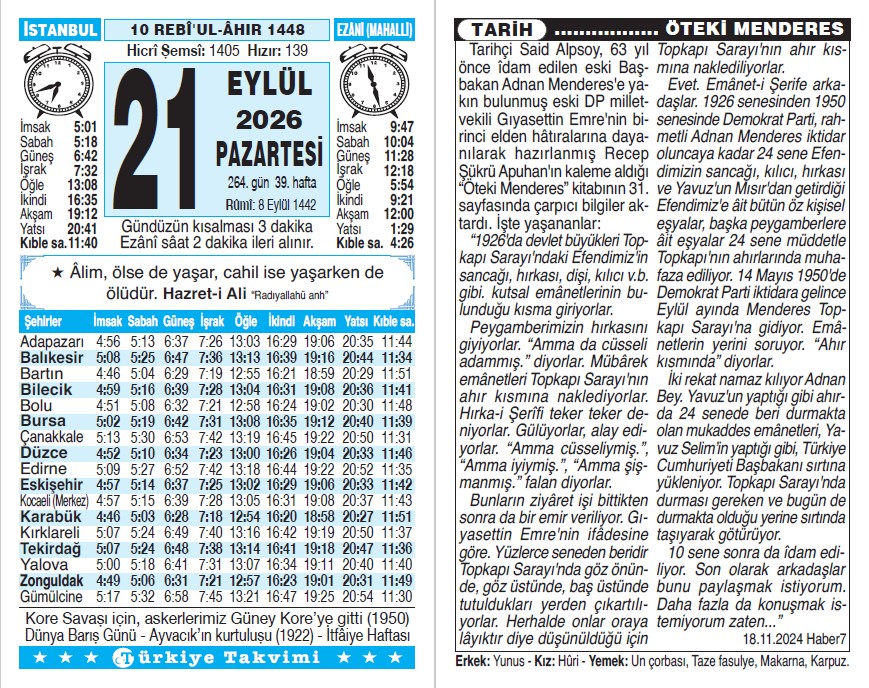 10 Rebiülahir 1448 - 21 Eylül 2026 Tarihli Türkiye Takvimi