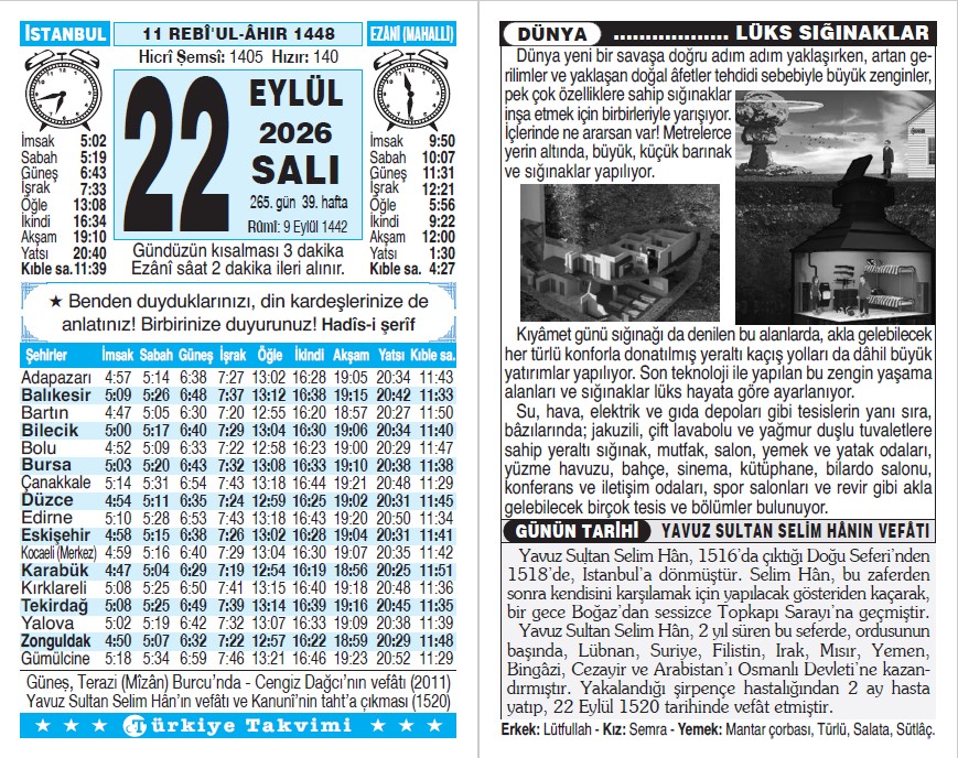 11 Rebiülahir 1448 - 22 Eylül 2026 Tarihli Türkiye Takvimi
