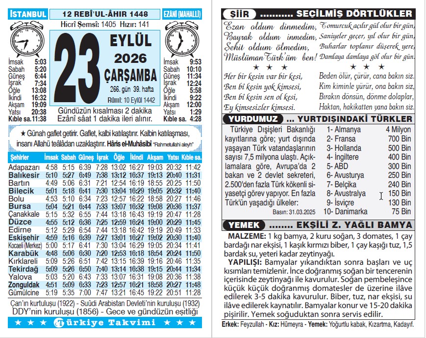 12 Rebiülahir 1448 - 23 Eylül 2026 Tarihli Türkiye Takvimi