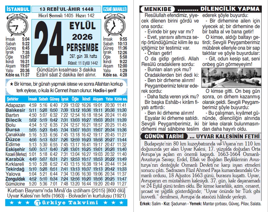 13 Rebiülahir 1448 - 24 Eylül 2026 Tarihli Türkiye Takvimi