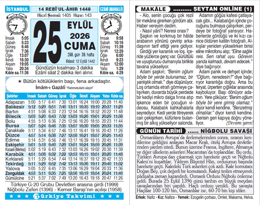 14 Rebiülahir 1448 - 25 Eylül 2026 Tarihli Türkiye Takvimi