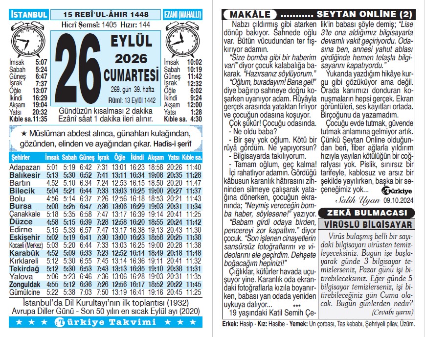 15 Rebiülahir 1448 - 26 Eylül 2026 Tarihli Türkiye Takvimi