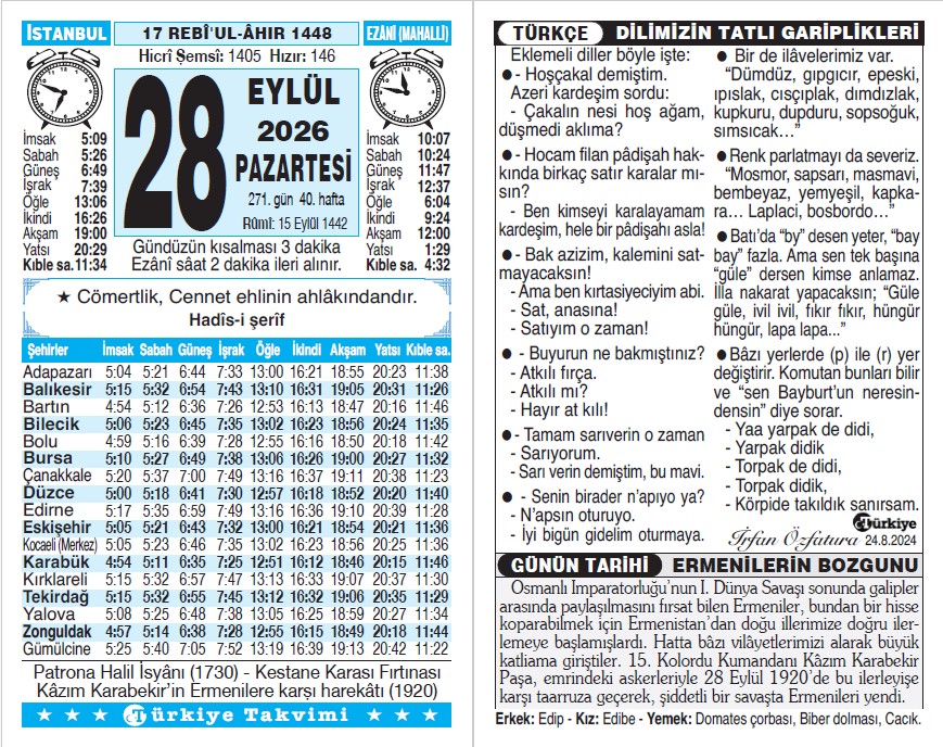 17 Rebiülahir 1448 - 28 Eylül 2026 Tarihli Türkiye Takvimi