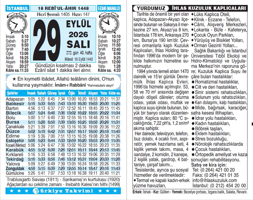 18 Rebiülahir 1448 - 29 Eylül 2026 Tarihli Türkiye Takvimi