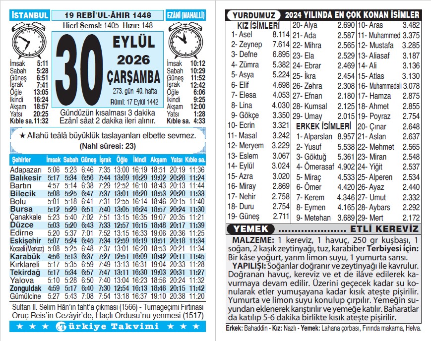 19 Rebiülahir 1448 - 30 Eylül 2026 Tarihli Türkiye Takvimi