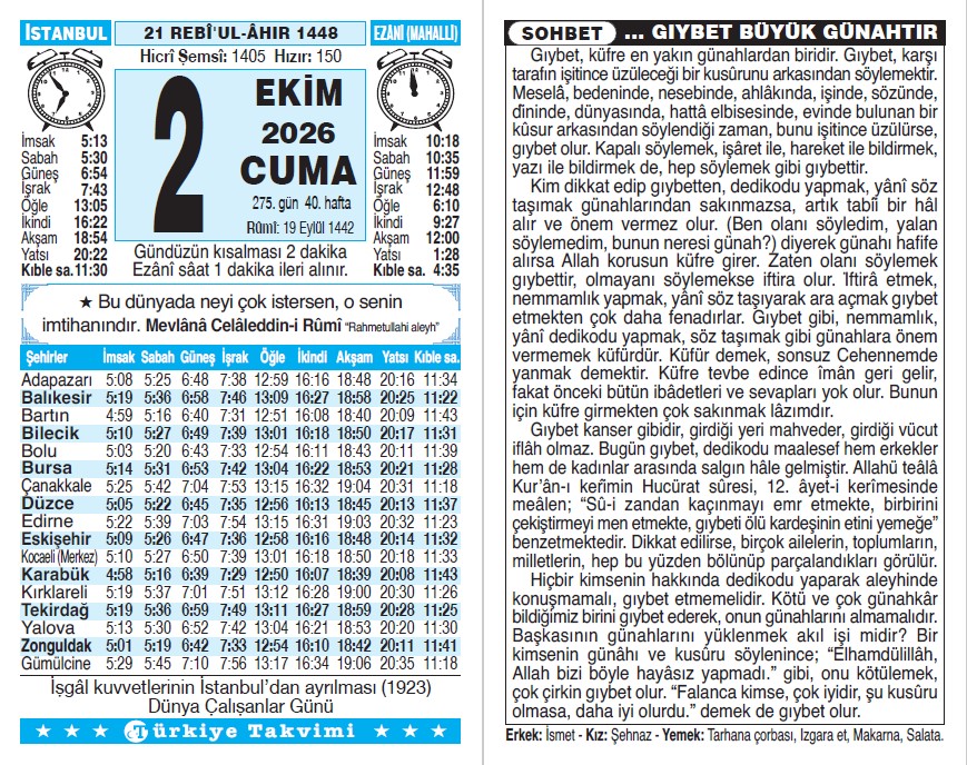 21 Rebiülahir 1448 - 2 Ekim 2026 Tarihli Türkiye Takvimi
