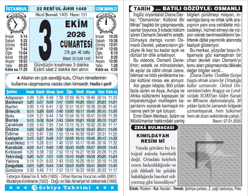 22 Rebiülahir 1448 - 3 Ekim 2026 Tarihli Türkiye Takvimi