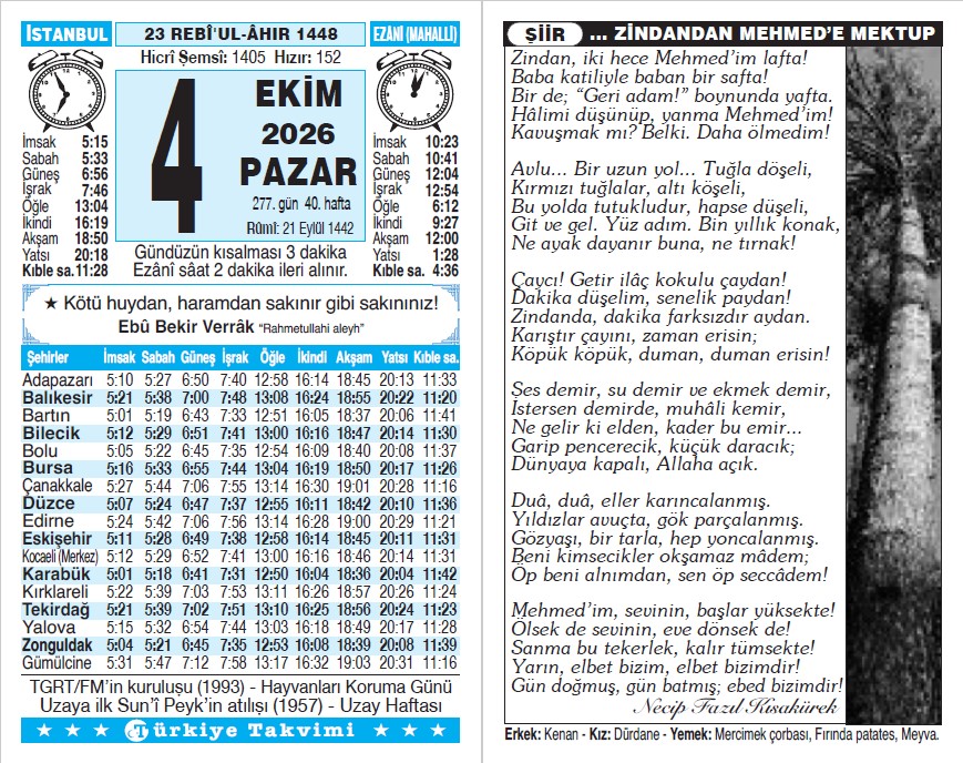 23 Rebiülahir 1448 - 4 Ekim 2026 Tarihli Türkiye Takvimi