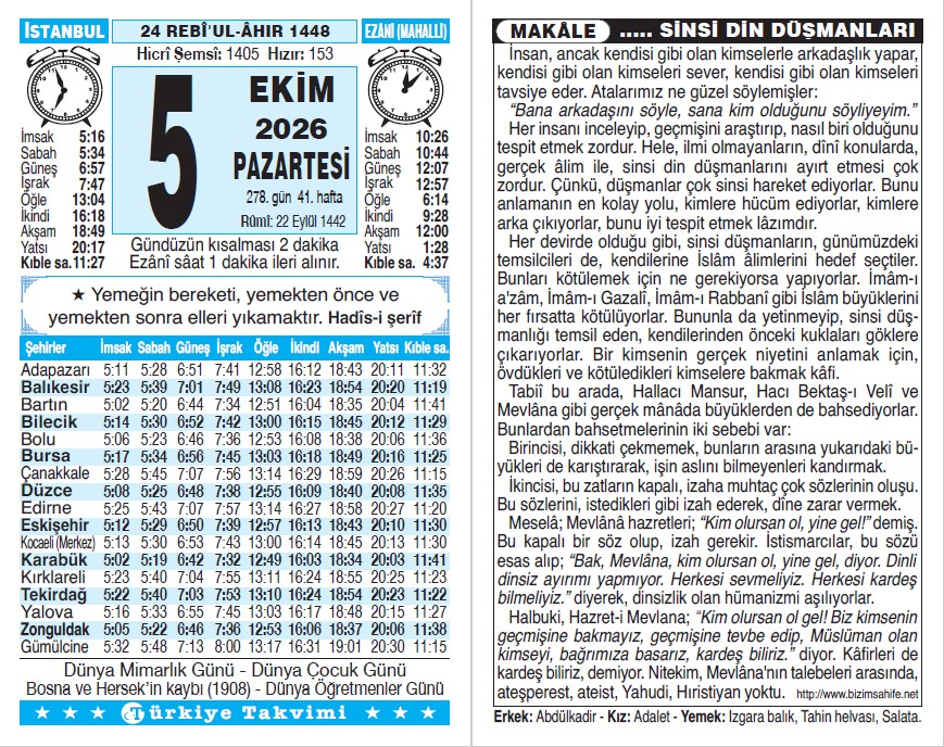 24 Rebiülahir 1448 - 5 Ekim 2026 Tarihli Türkiye Takvimi