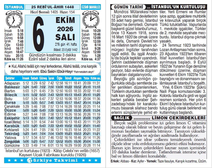25 Rebiülahir 1448 - 6 Ekim 2026 Tarihli Türkiye Takvimi