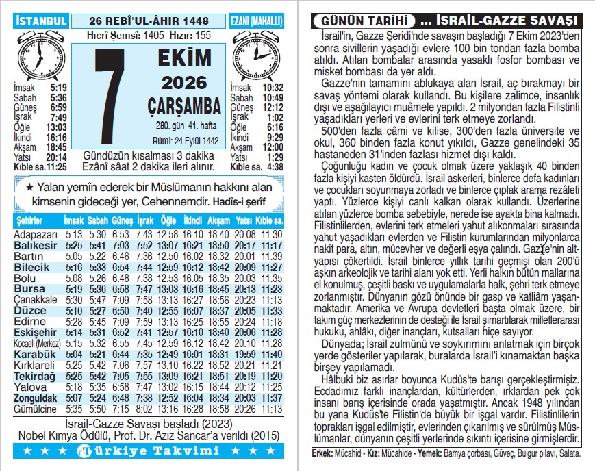 26 Rebiülahir 1448 - 7 Ekim 2026 Tarihli Türkiye Takvimi