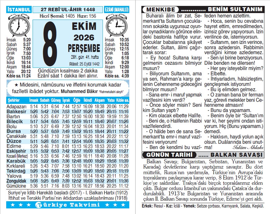 27 Rebiülahir 1448 - 8 Ekim 2026 Tarihli Türkiye Takvimi