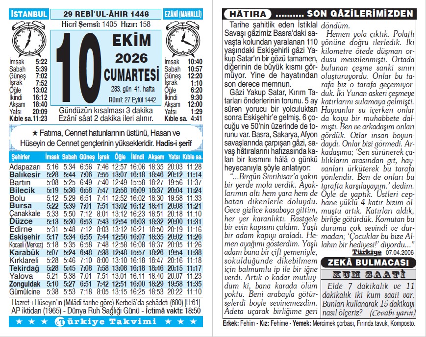 29 Rebiülahir 1448 - 10 Ekim 2026 Tarihli Türkiye Takvimi