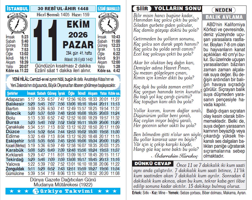 30 Rebiülahir 1448 - 11 Ekim 2026 Tarihli Türkiye Takvimi