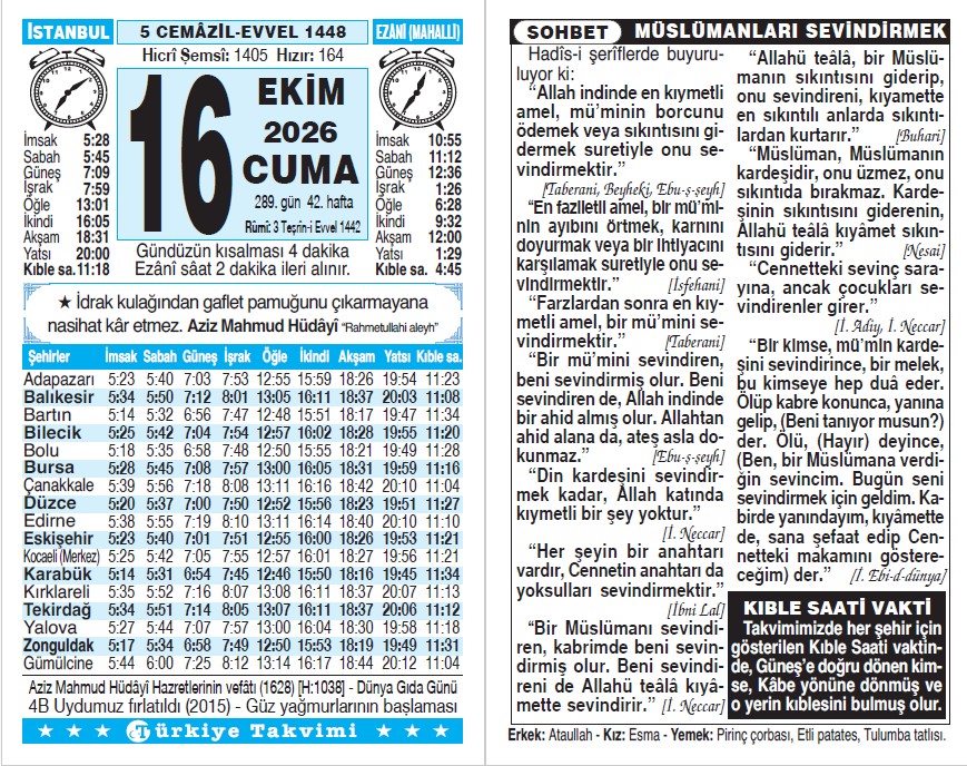 5 Cemaziyelevvel 1448 - 16 Ekim 2026 Tarihli Türkiye Takvimi
