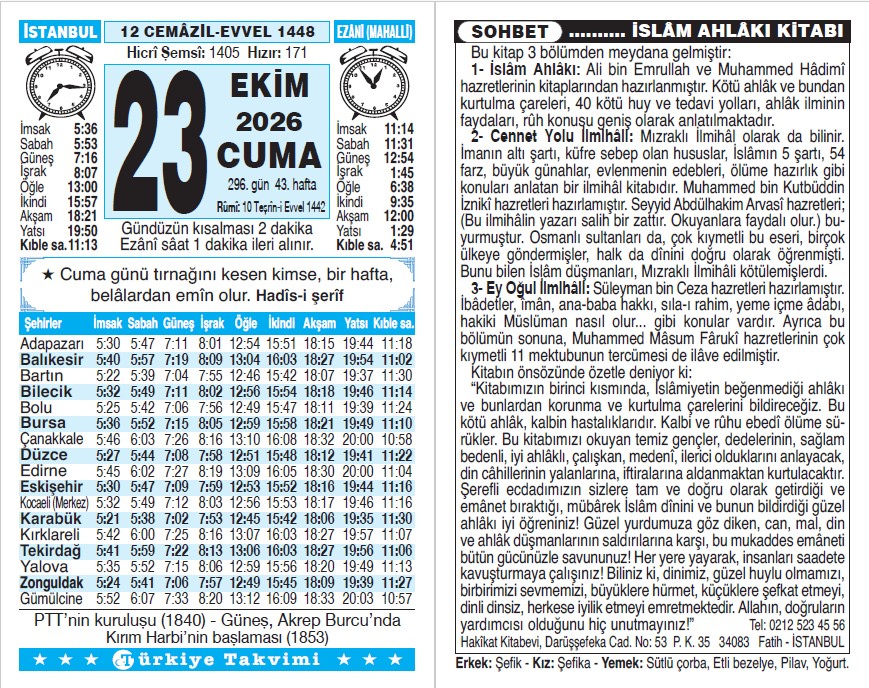12 Cemaziyelevvel 1448 - 23 Ekim 2026 Tarihli Türkiye Takvimi