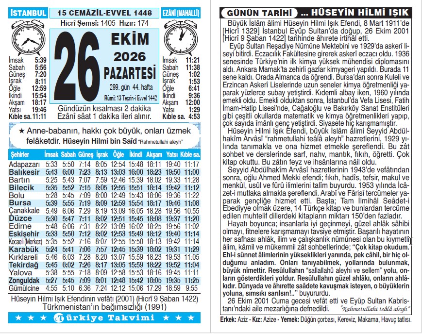 15 Cemaziyelevvel 1448 - 26 Ekim 2026 Tarihli Türkiye Takvimi