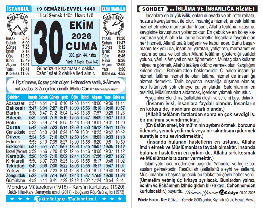 19 Cemaziyelevvel 1448 - 30 Ekim 2026 Tarihli Türkiye Takvimi