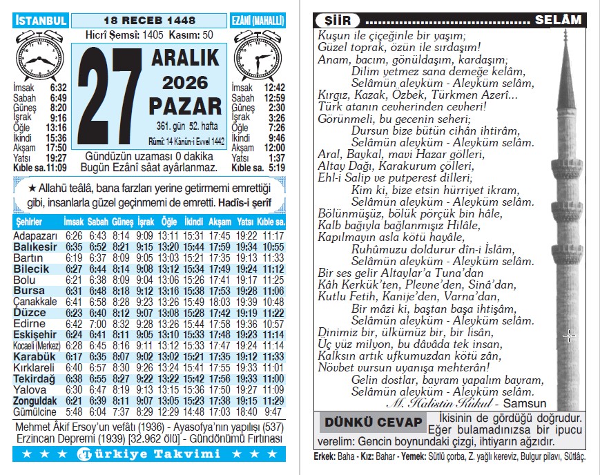 18 Recep 1448 - 27 Aralık 2026 Tarihli Türkiye Takvimi
