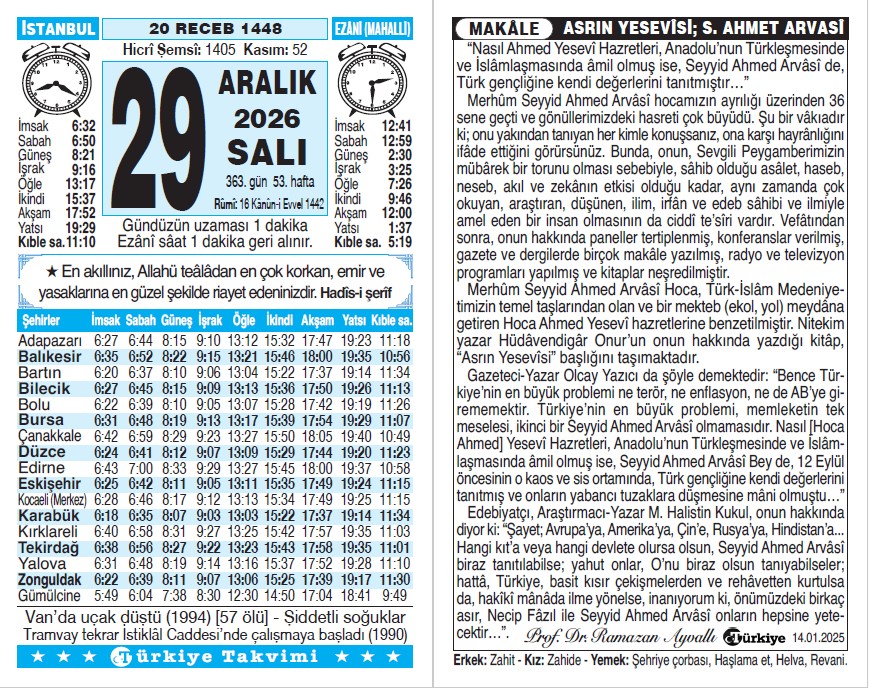 20 Recep 1448 - 29 Aralık 2026 Tarihli Türkiye Takvimi