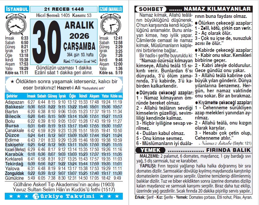 21 Recep 1448 - 30 Aralık 2026 Tarihli Türkiye Takvimi