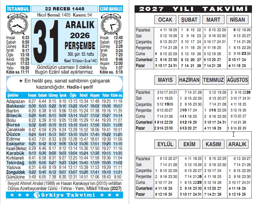 22 Recep 1448 - 31 Aralık 2026 Tarihli Türkiye Takvimi