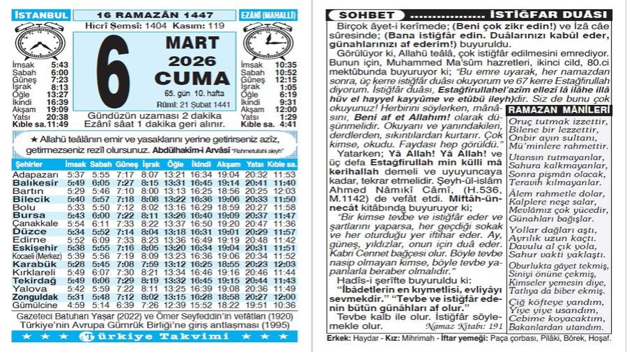 16 Ramazan 1447 - 6 Mart 2026