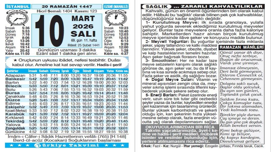 20 Ramazan 1447 - 10 Mart 2026