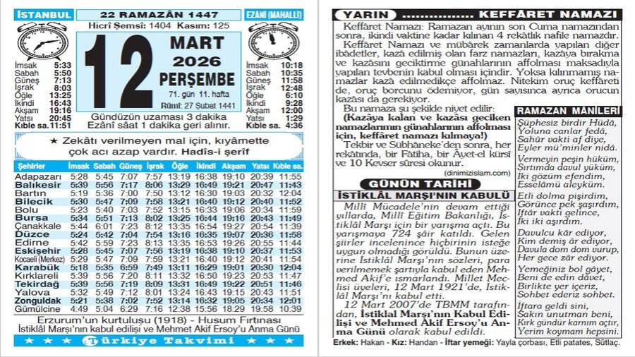 22 Ramazan 1447 - 12 Mart 2026