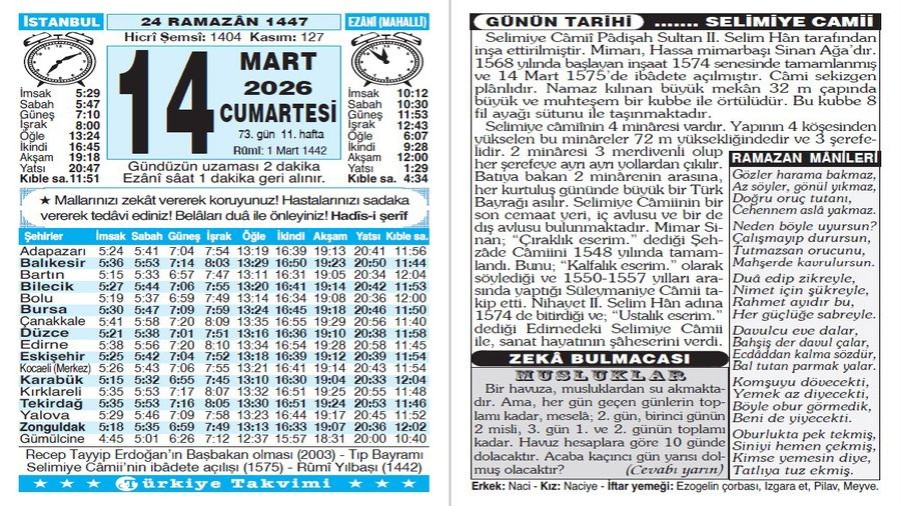 24 Ramazan 1447 - 14 Mart 2026